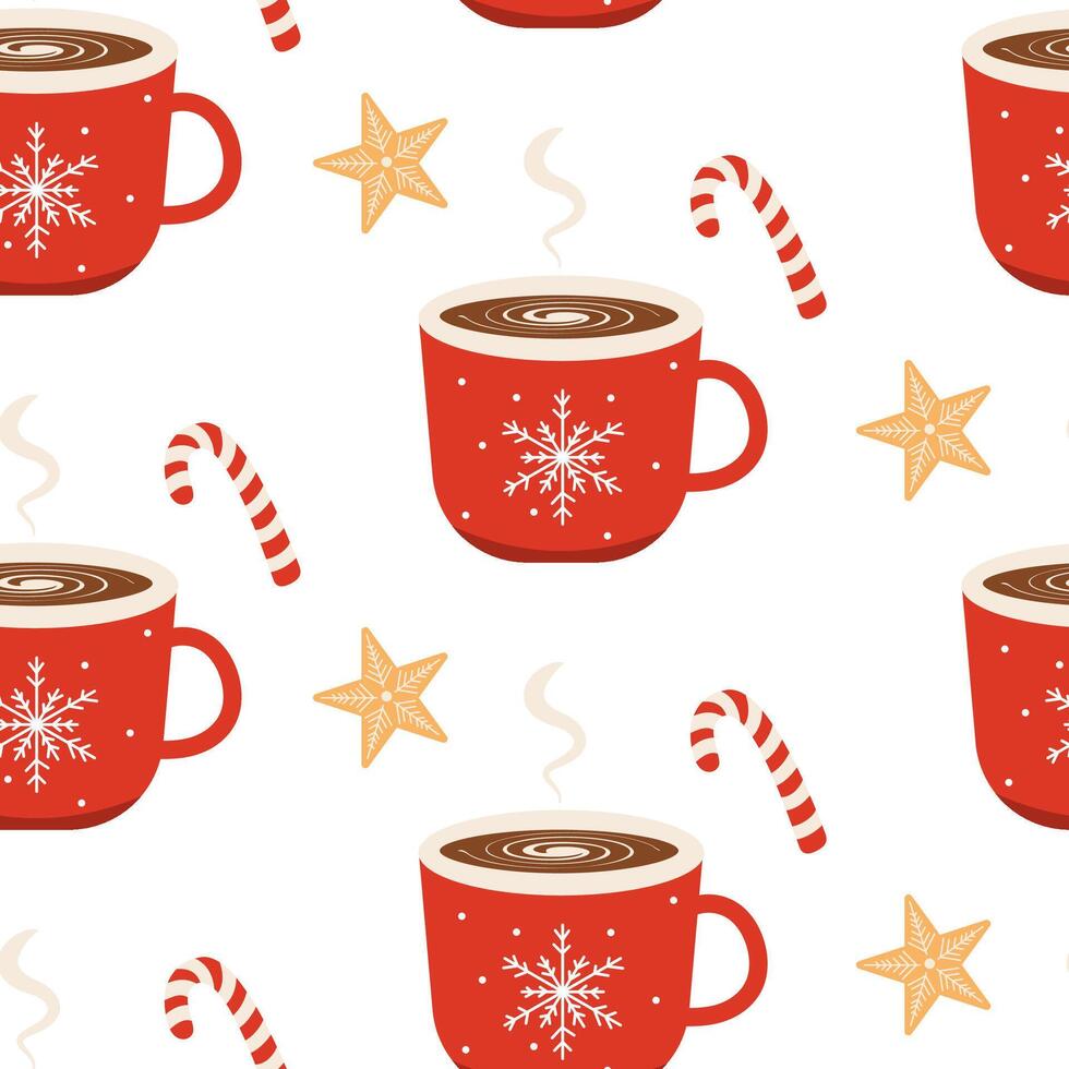hot cocoa mugs, candy canes, and star-shaped cookies on white background vector
