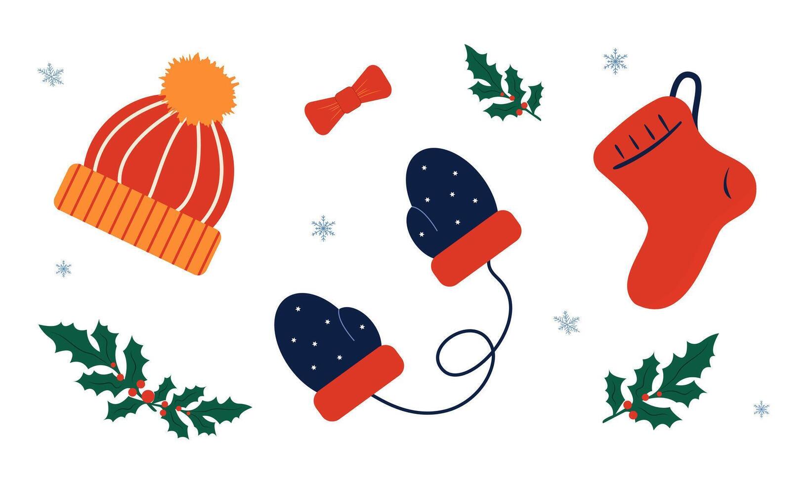 winter clothing and decorations with holly leaves on white background vector