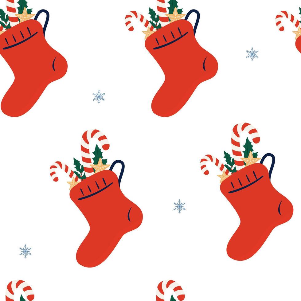 Christmas sock filled with candy canes and holly pattern on white background vector