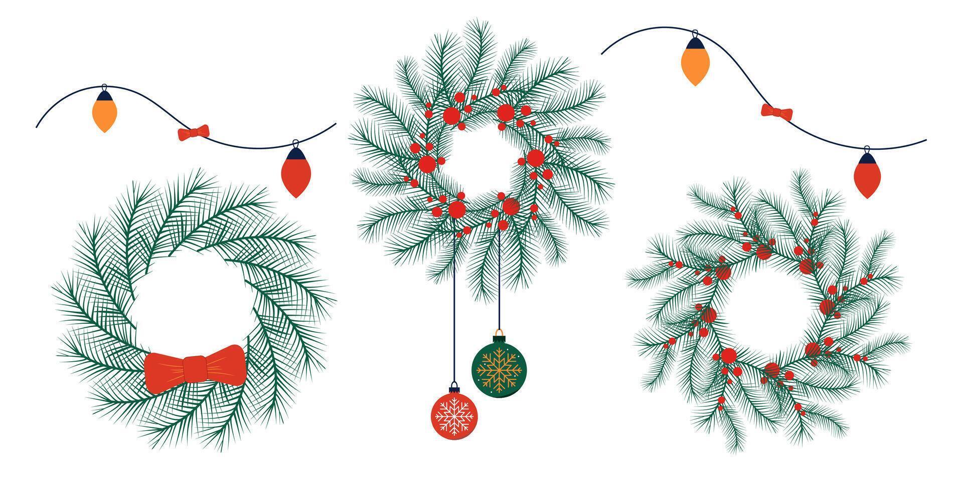 Christmas wreaths with pine branches, red berries, and ornaments vector