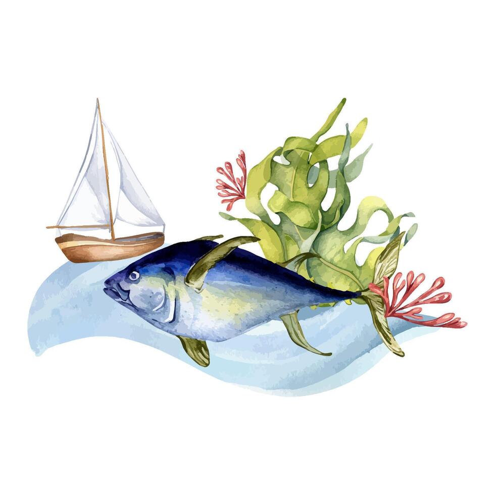 Large blue fish swimming among green seaweed and red coral, with a small sailing ship in the background. Sailboat on sea wave watercolor illustration. Nautical and natural elements hand painted vector