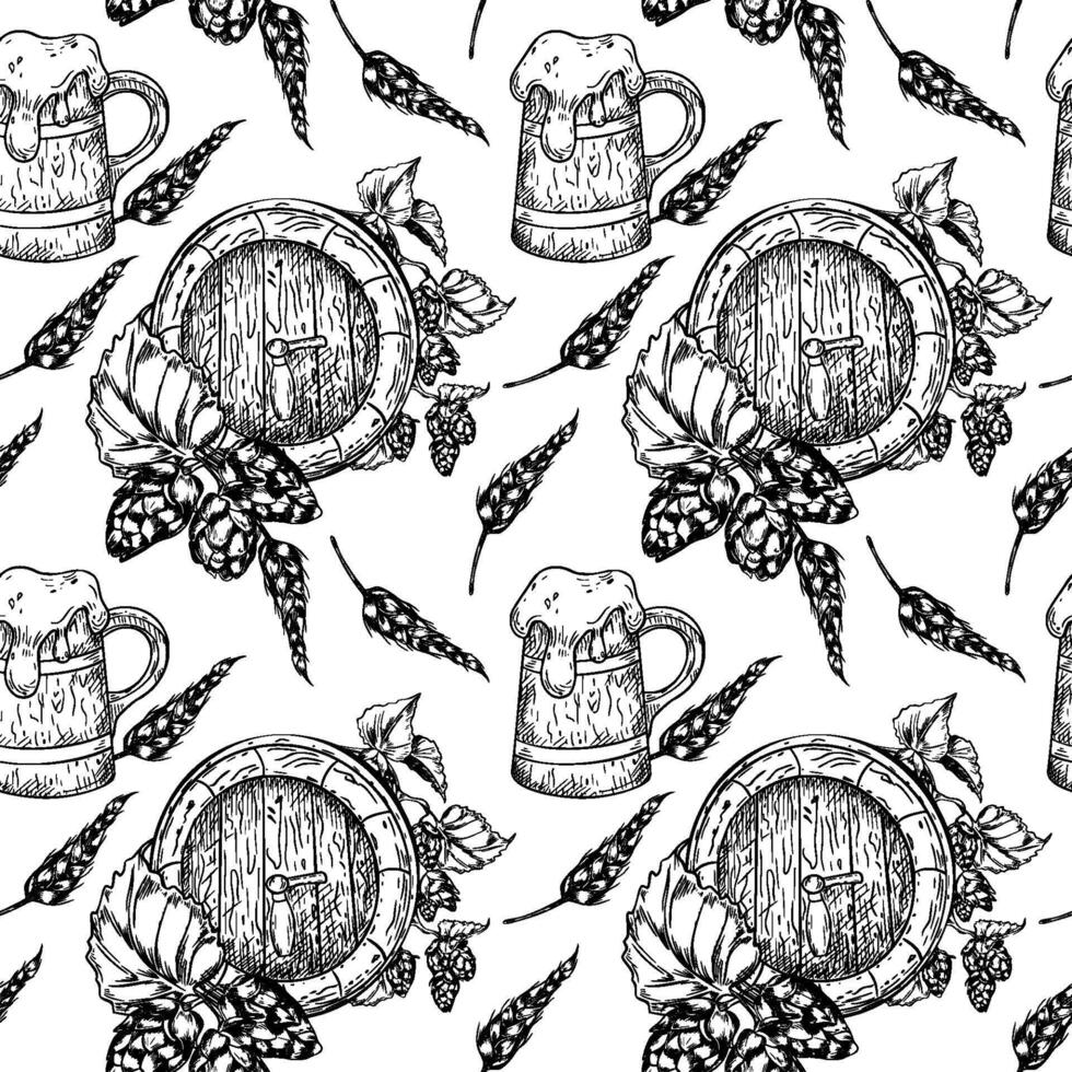 Seamless pattern with hand drawn hop cones, wooden beer barrel in black white isolated. Wheat ears and beer mug painted monochrome on repeated background for Oktoberfest textile, wrapping paper vector