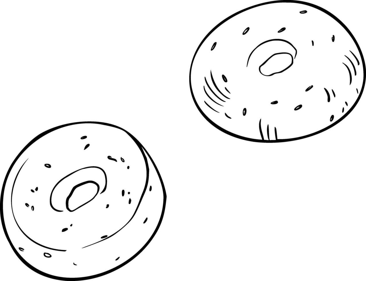 Fresh whole bagel with sesame black white illustration isolated. Doughnut bread hand drawn by ink line art . Outline bread ring monochrome sketch for design signage, paper, packaging bakery. vector
