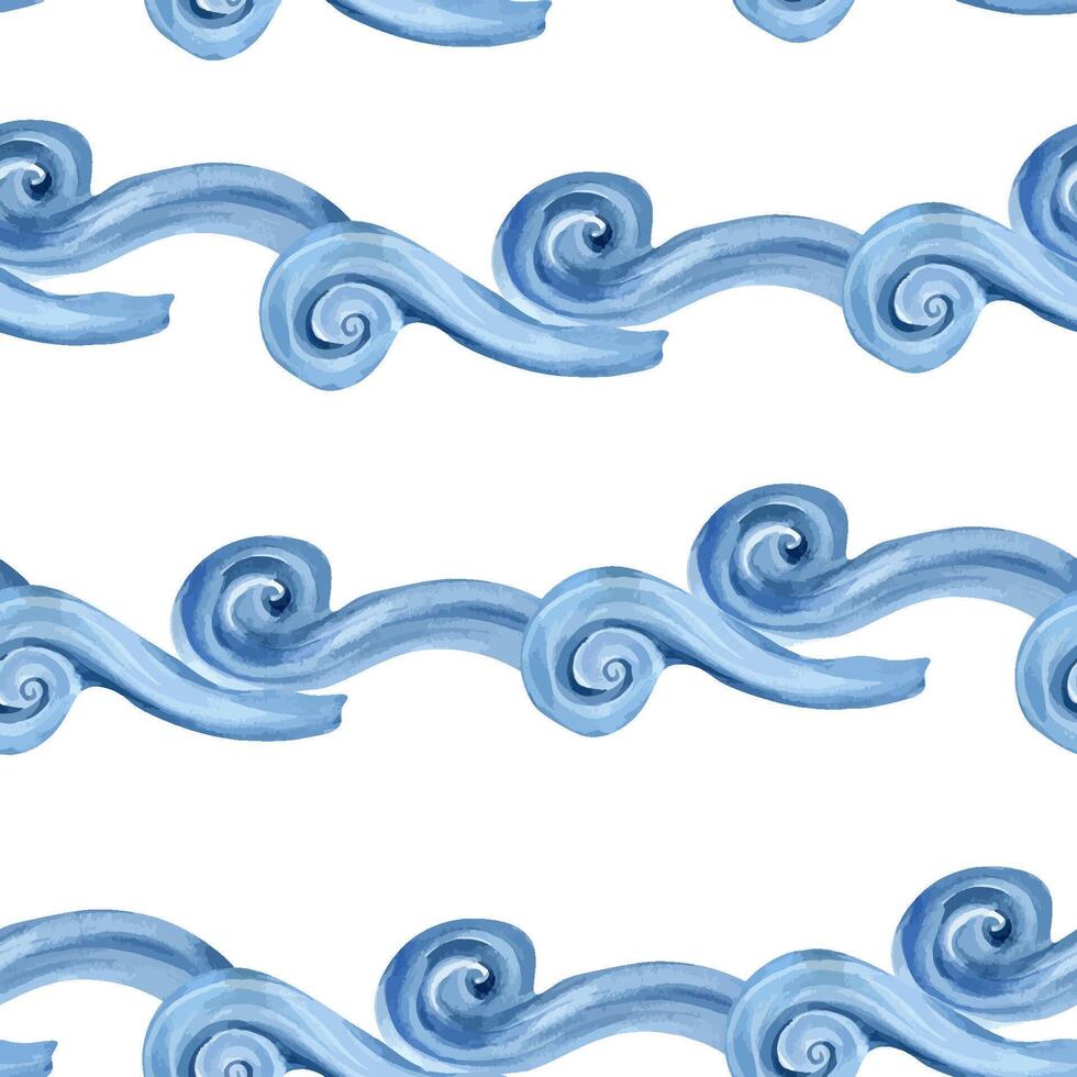 Curly blue waves hand drawn watercolor seamless pattern. Marine background for textile, packaging, cover. Pattern endless by sea water waves in cute style. Marine life for children illustration. vector