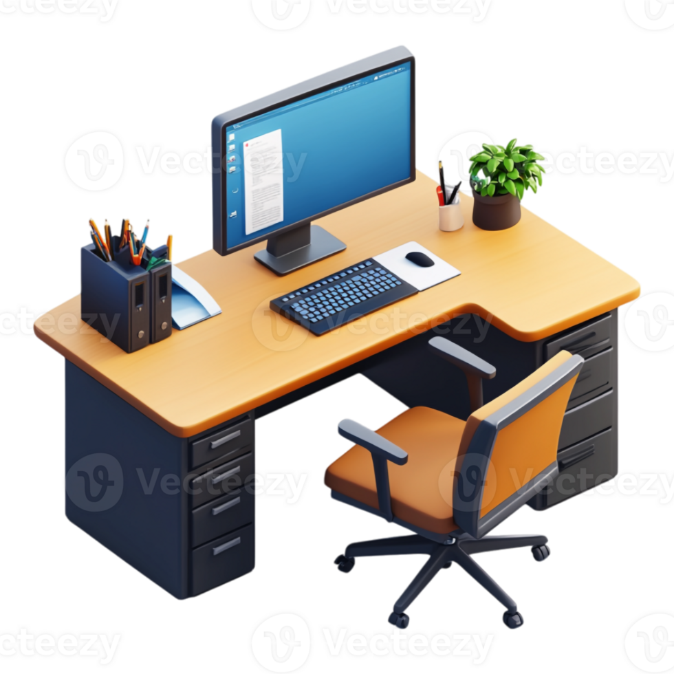 An office desk with a computer, chair and desk png