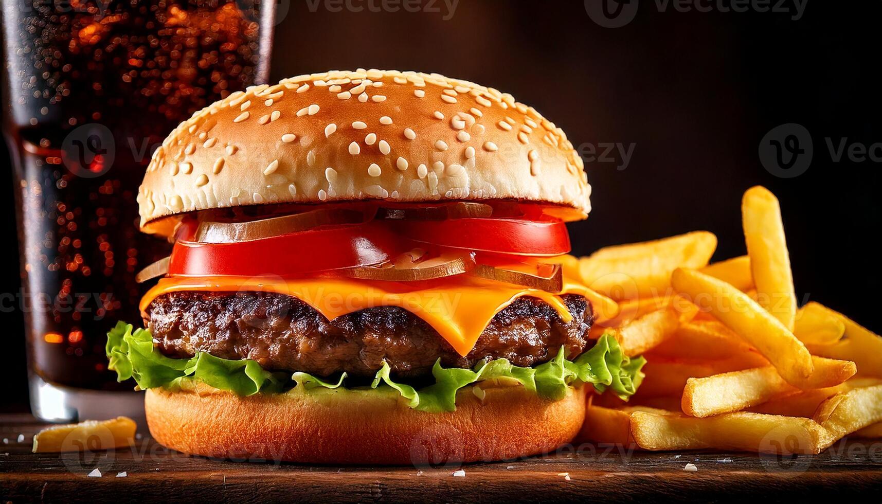 A hamburger and fries with a soda photo