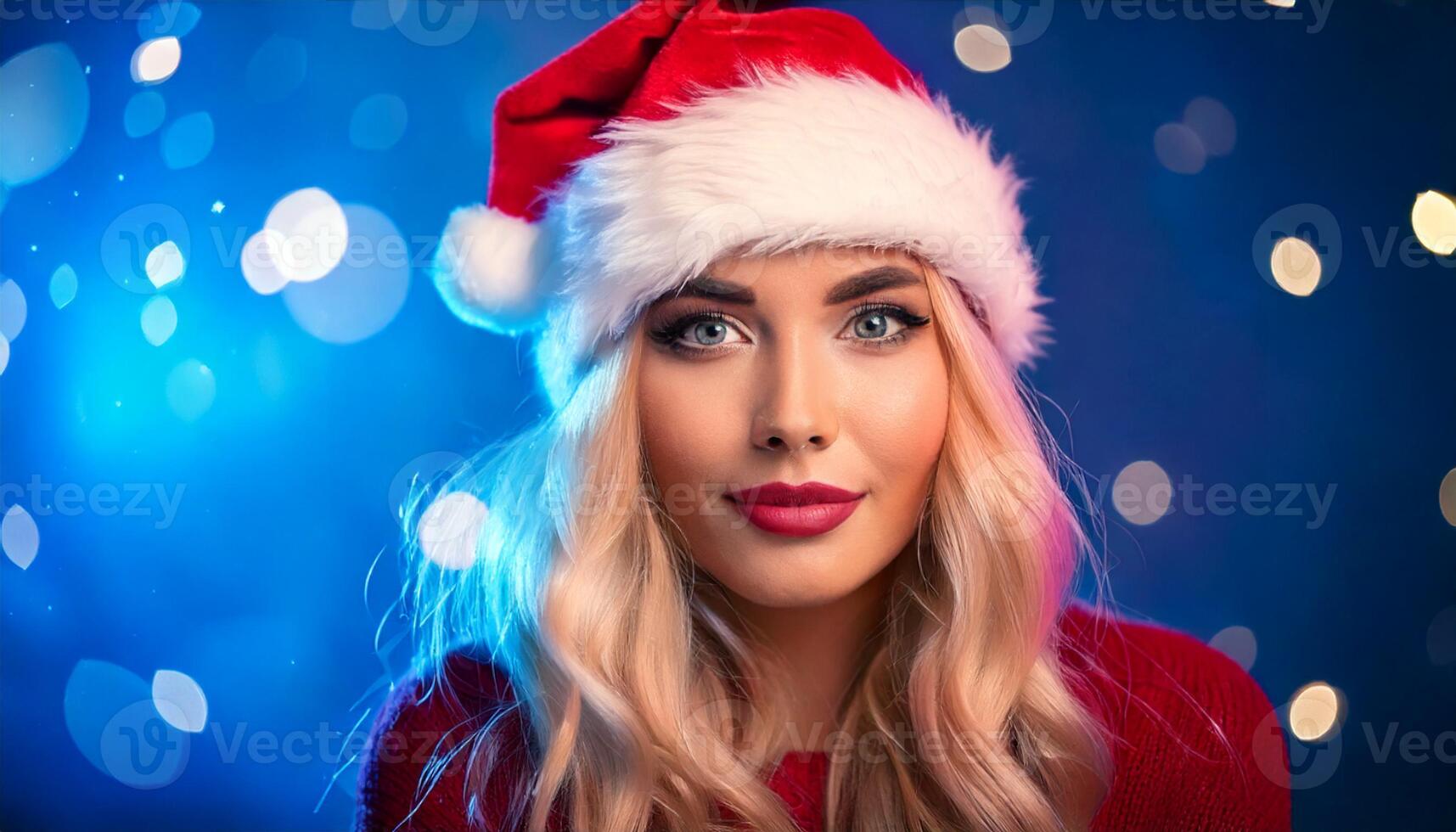 A beautiful blonde woman wearing a santa hat photo