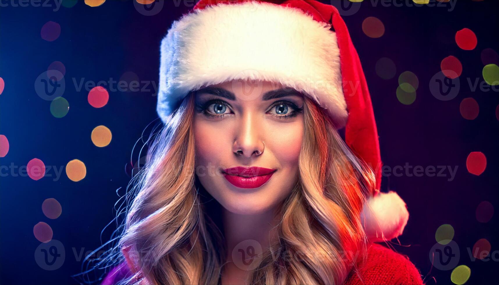 A beautiful woman wearing a santa hat photo