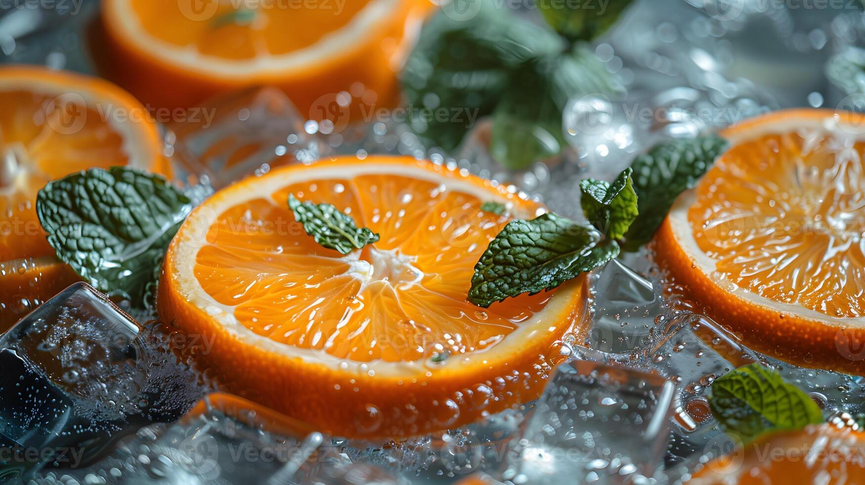 Fresh orange slices with water splashes, capturing the vibrant, juicy essence of citrus in a lively, refreshing composition. Perfect for summer and wellness themes. photo