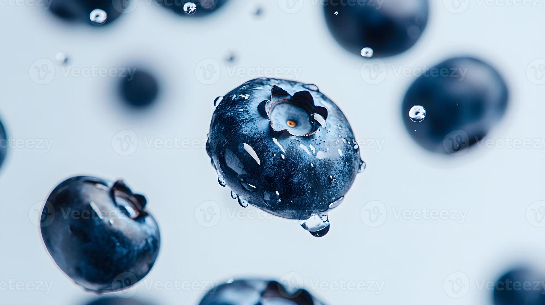 Fresh, juicy blueberries scattered on a white background, highlighting their vibrant blue color and natural appeal, perfect for healthy food concepts. photo