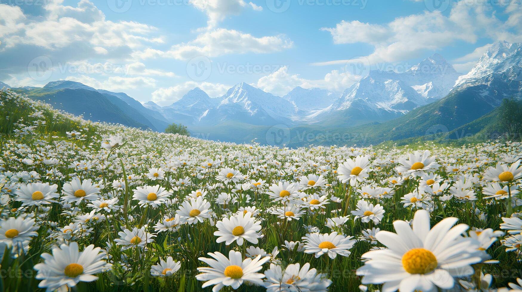 A beautiful spring and summer natural landscape featuring a blooming field of daisies in the grass on a hill, capturing the essence of the season's freshness and tranquility. photo