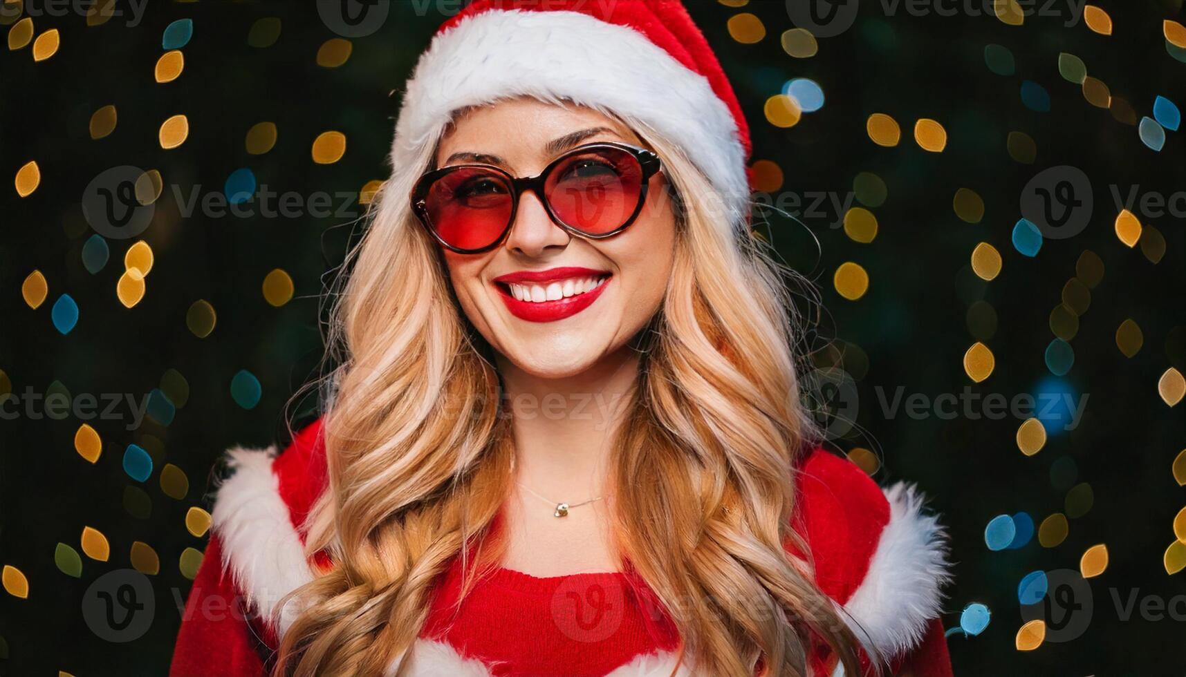 A woman wearing sunglasses and a santa hat photo