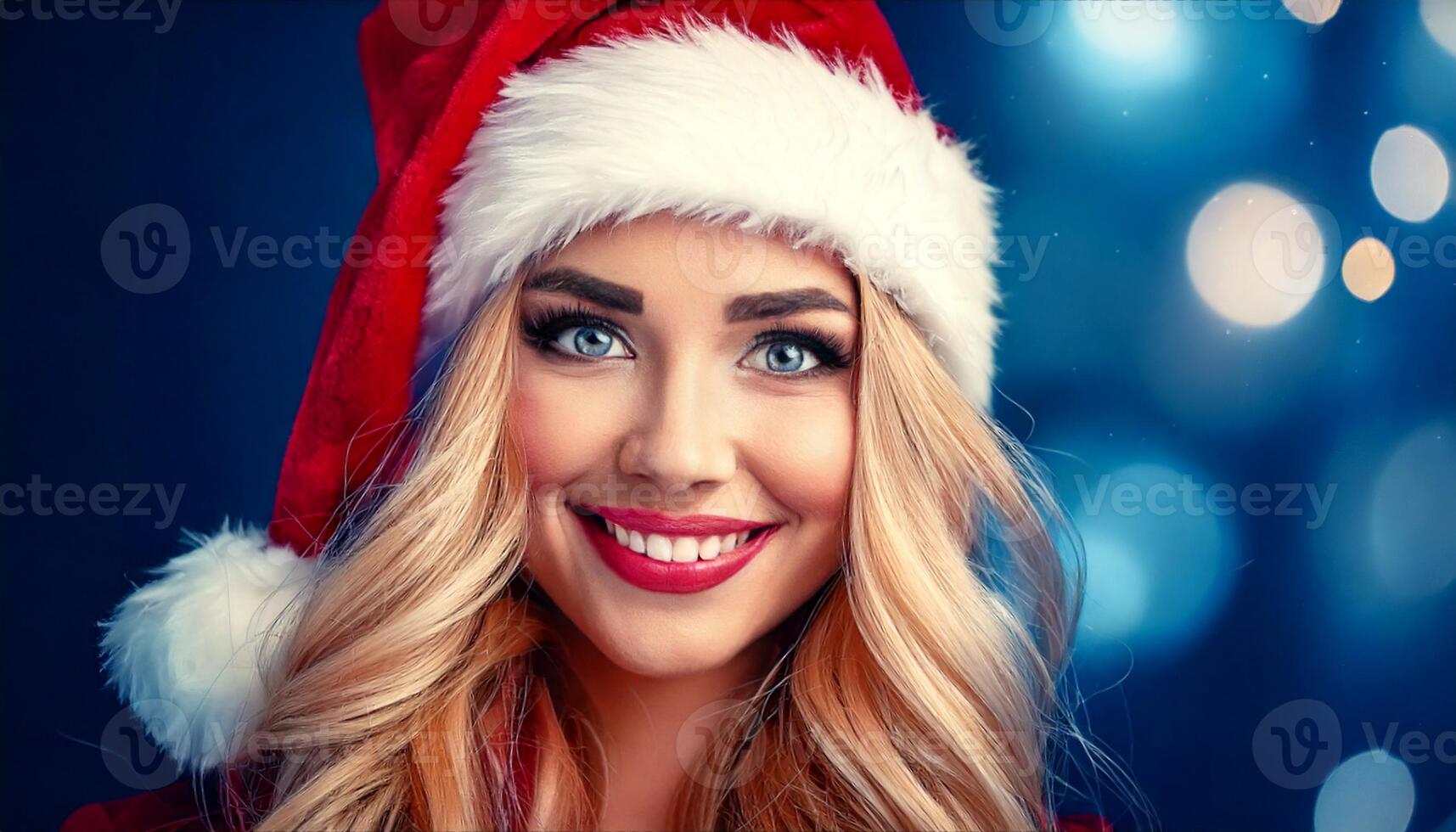 A beautiful blonde woman wearing a santa hat photo