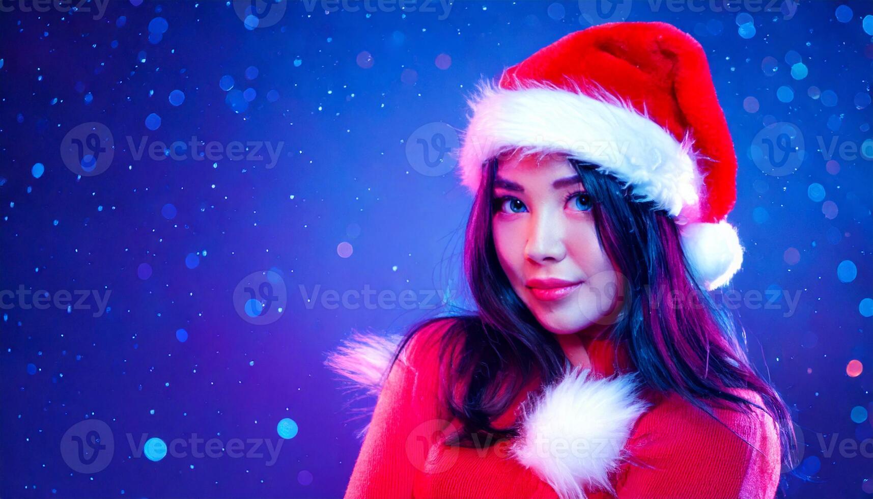 A beautiful woman wearing a santa hat photo