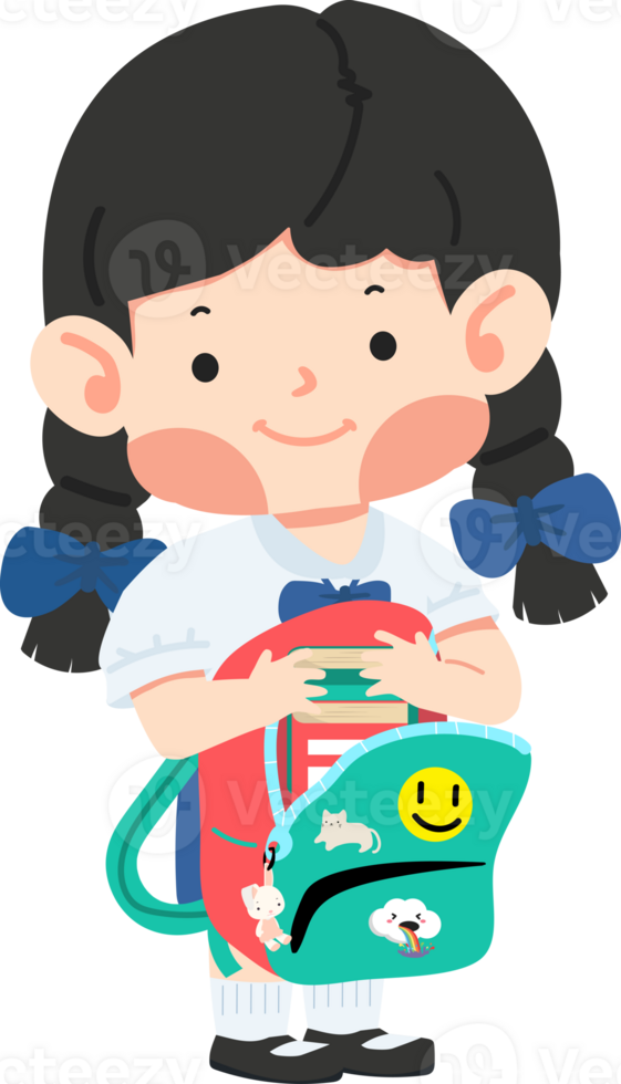 Cute girl student put book backpack png