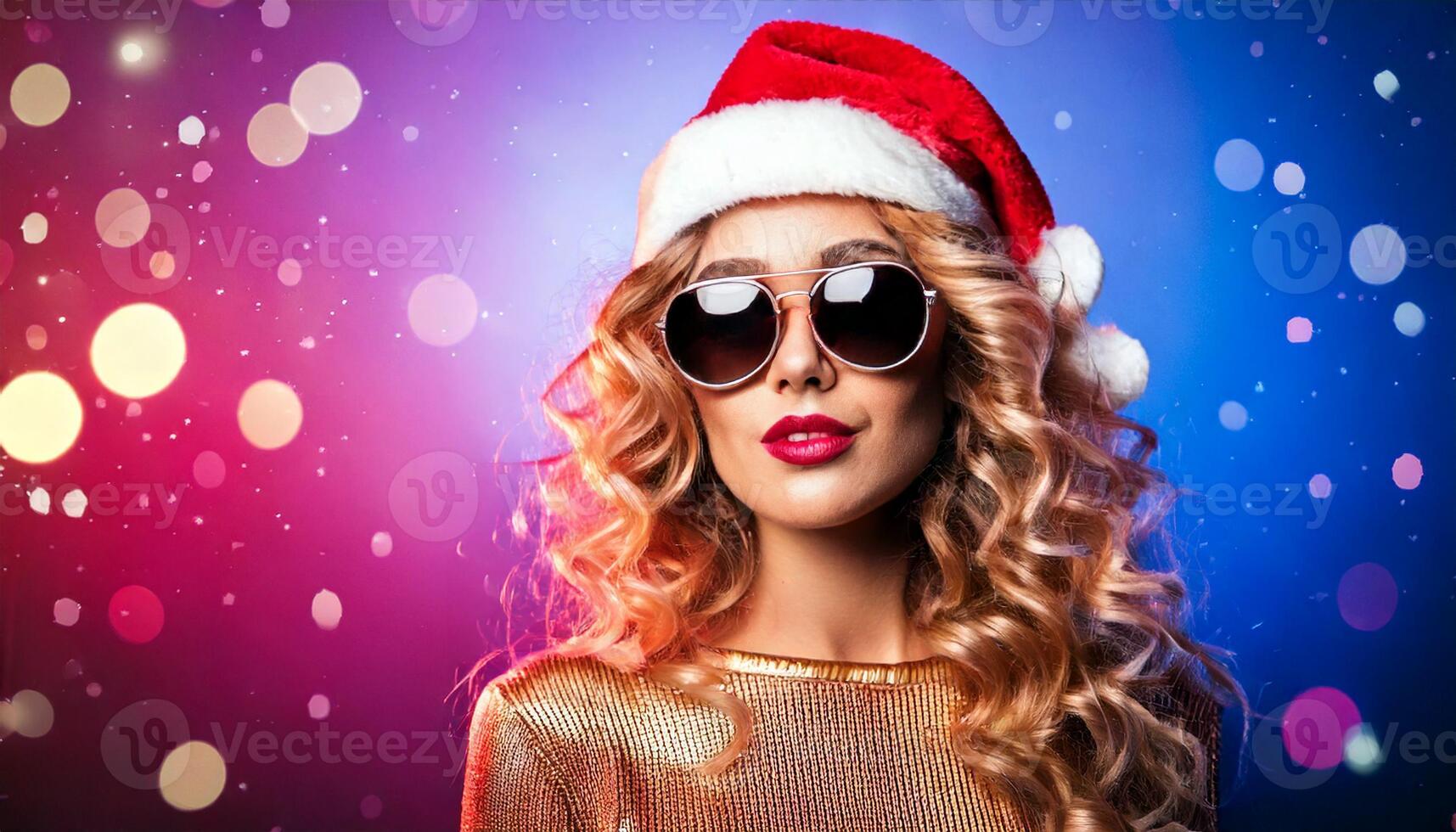 A woman wearing sunglasses and a santa hat photo