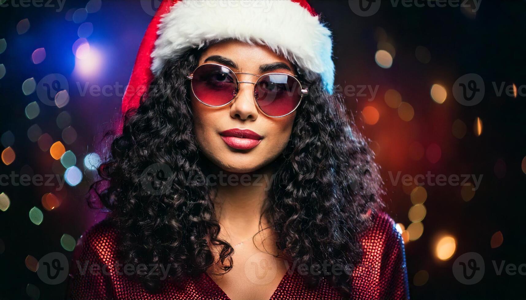 A woman wearing sunglasses and a santa hat photo