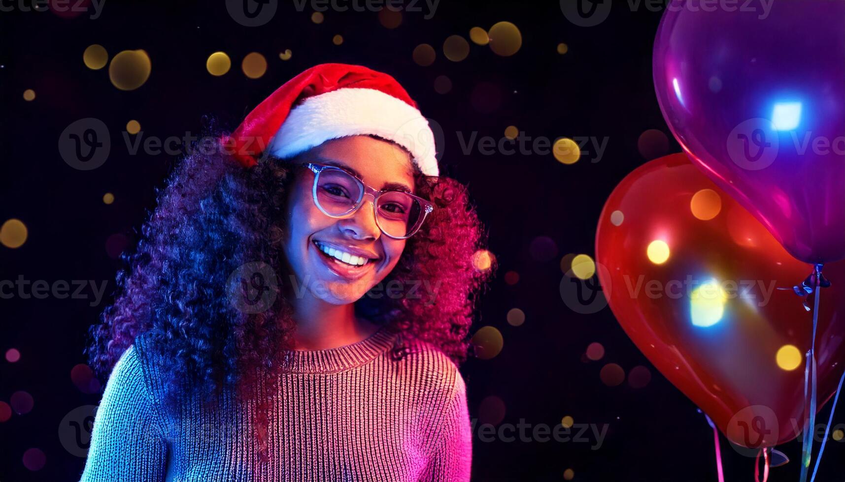 A woman wearing a santa hat and glasses with balloons photo