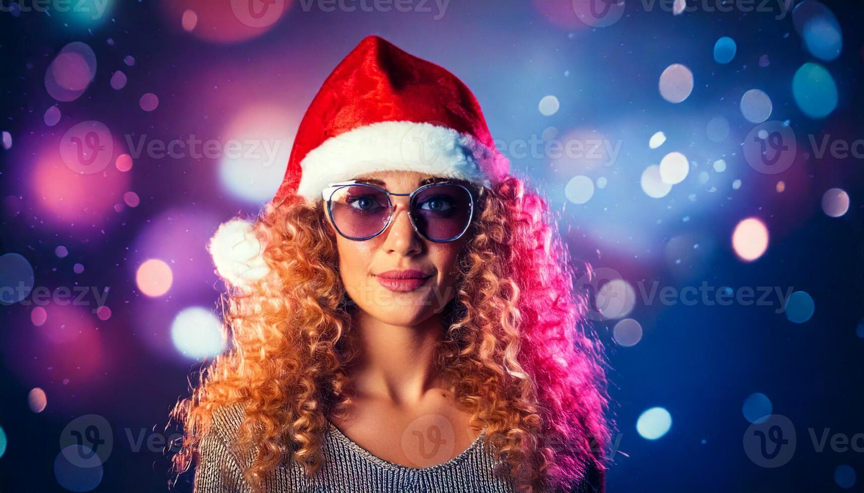 A woman with curly hair wearing a santa hat photo