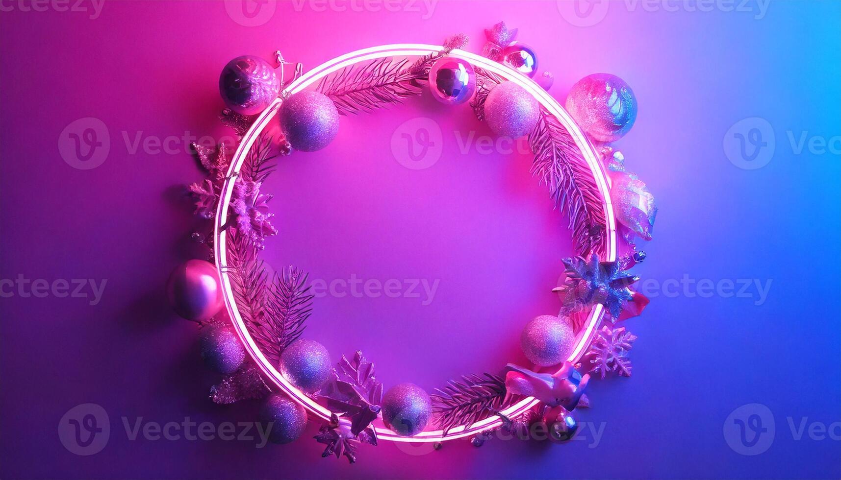 A neon wreath with christmas decorations on a blue wall photo