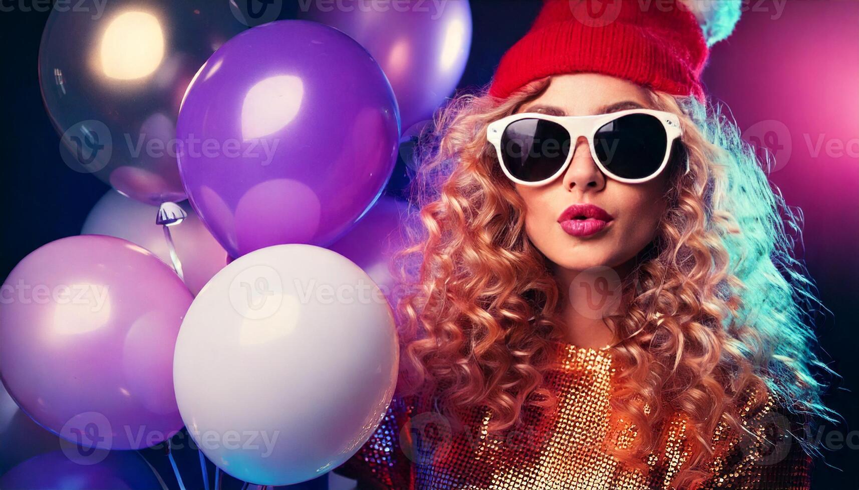 A woman in sunglasses and a hat with balloons photo