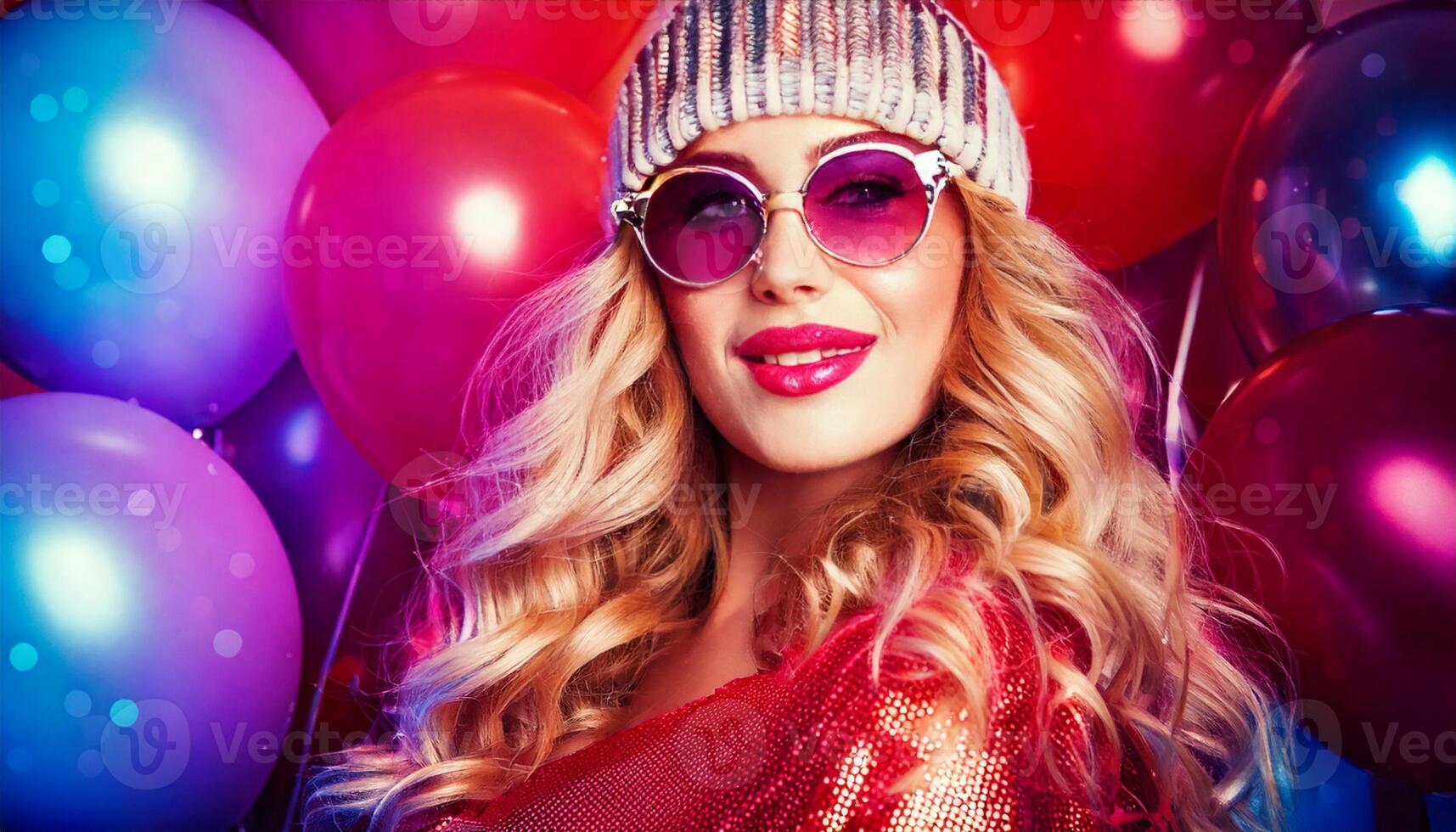 A woman in sunglasses and a hat with balloons photo