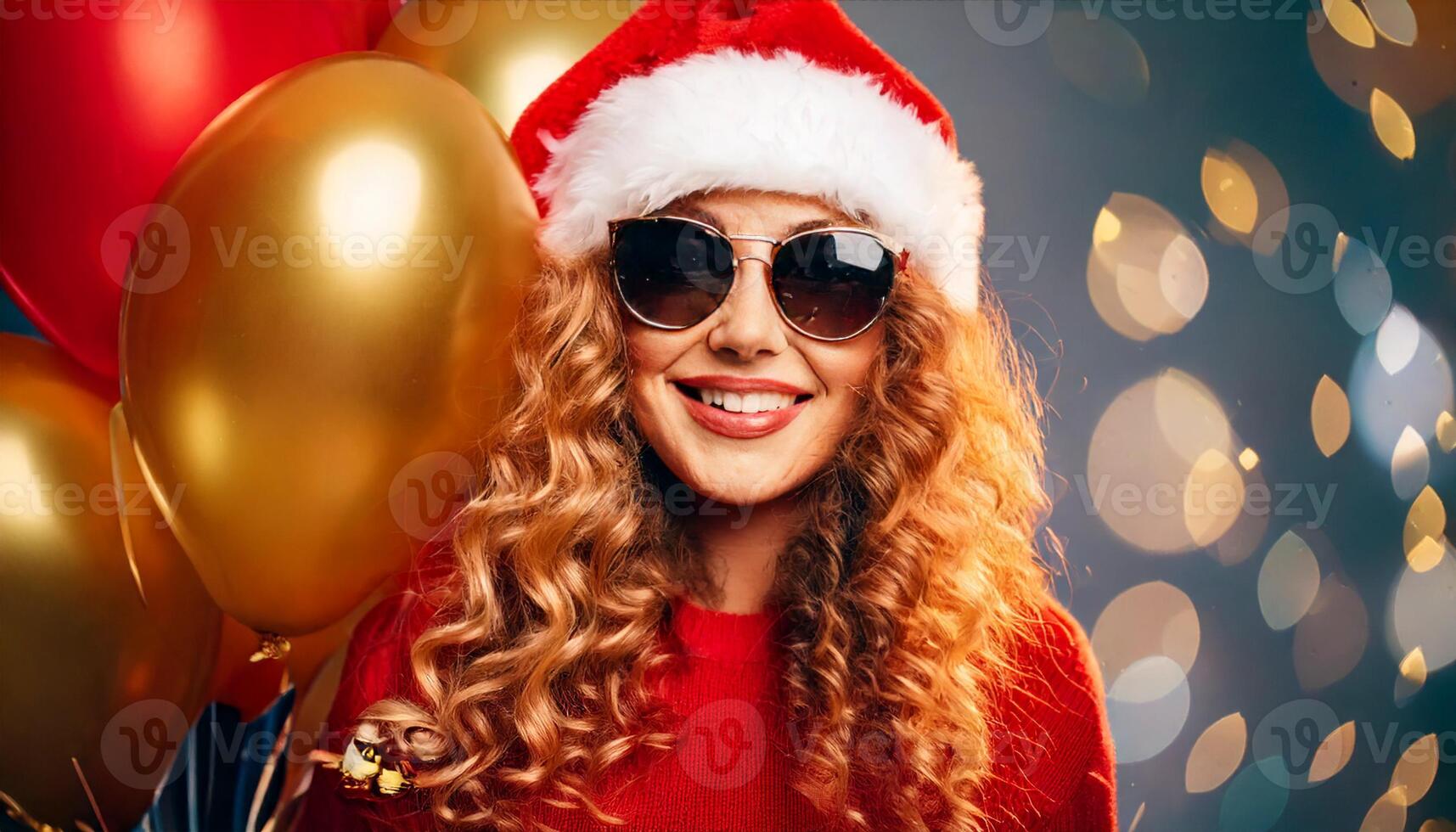 A woman in a santa hat and sunglasses with balloons photo