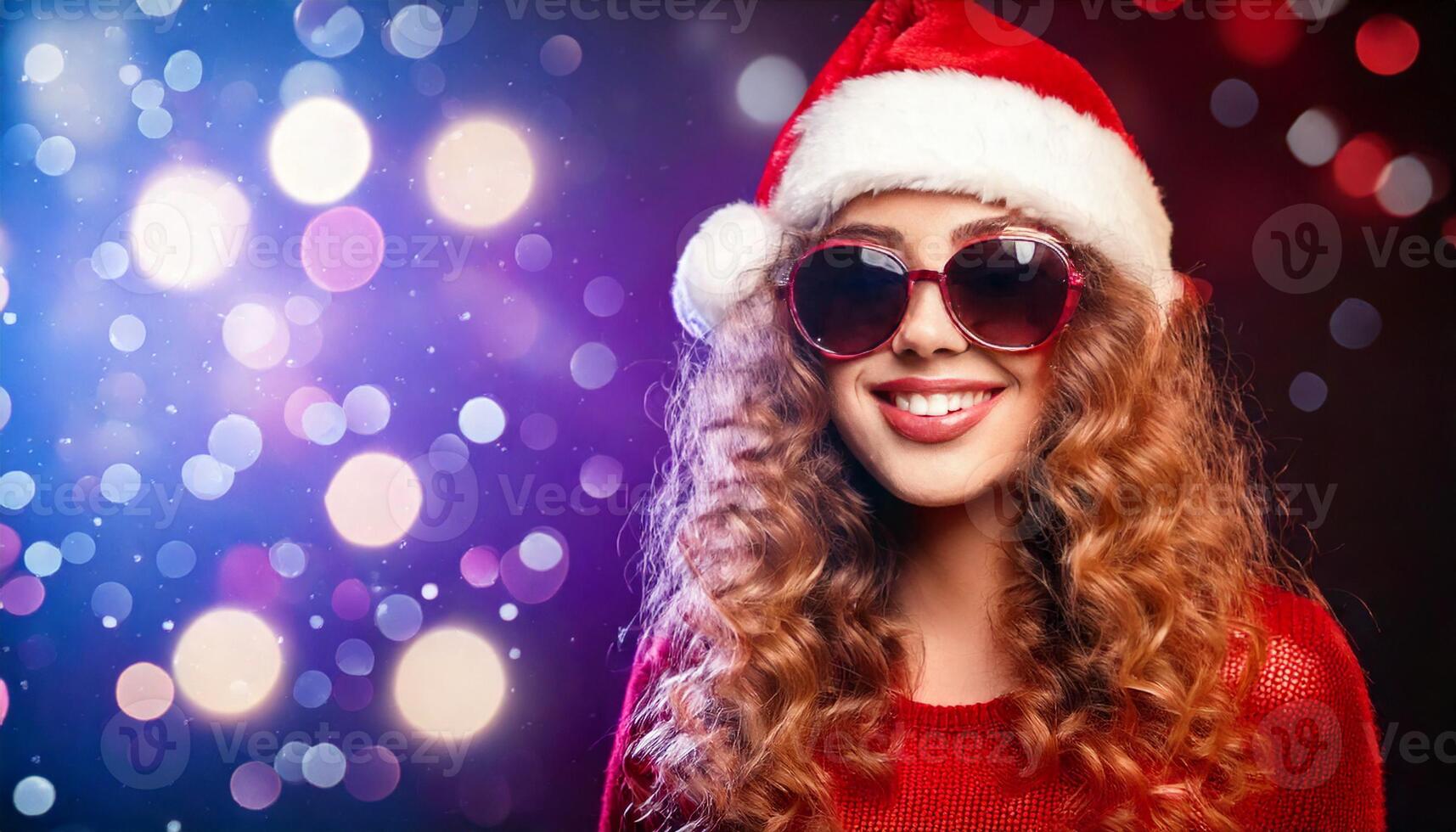 A woman wearing sunglasses and a santa hat photo