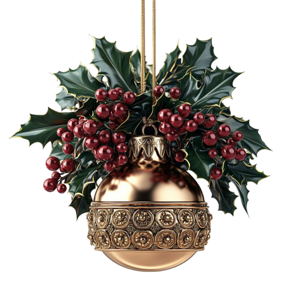 Golden Spherical Ornament with Red Berries and Decorative Pattern Hanging from Golden Chain png