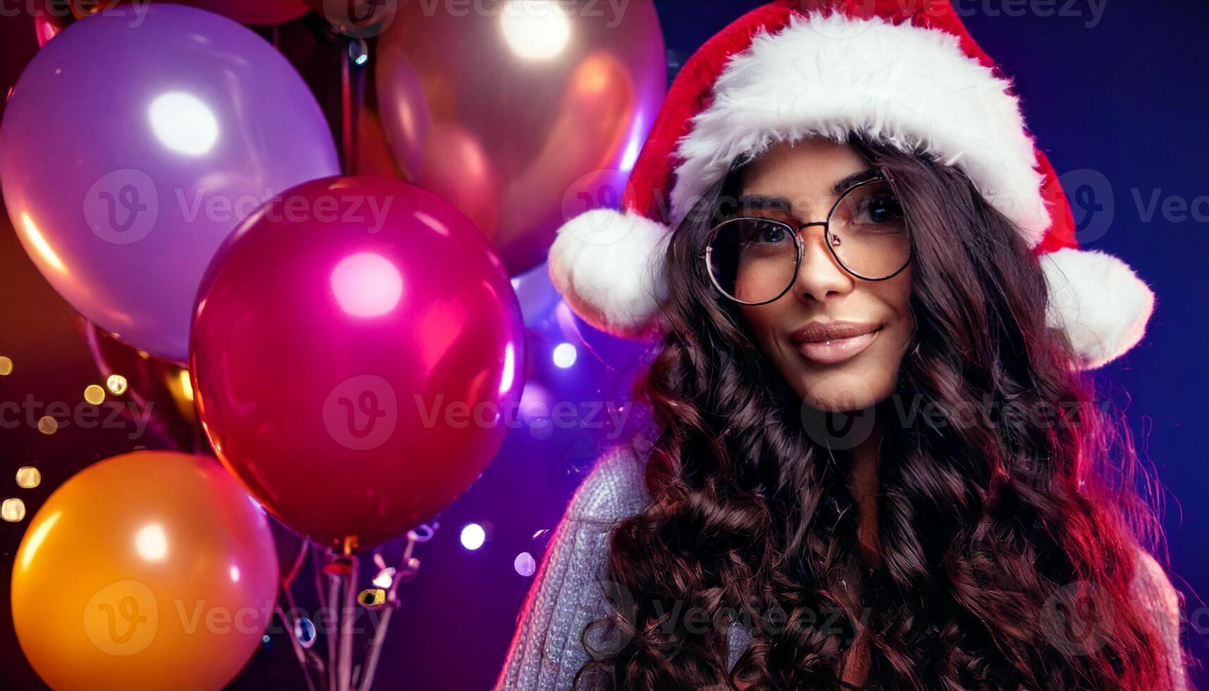 A woman wearing glasses and a santa hat with balloons photo