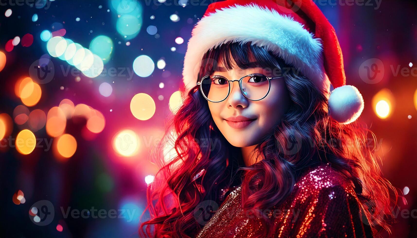 A girl wearing glasses and a santa hat photo