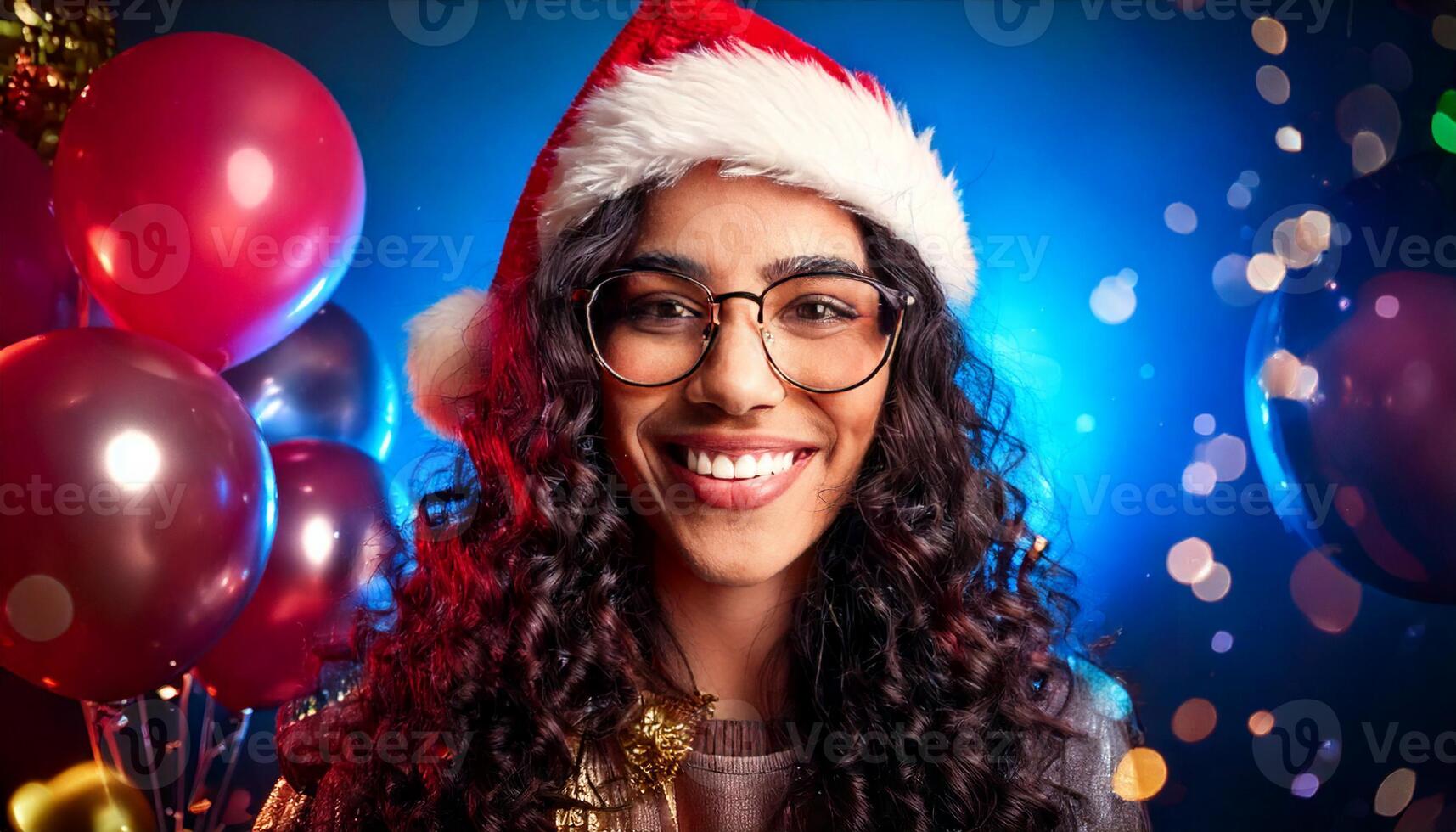 A woman wearing glasses and a santa hat photo