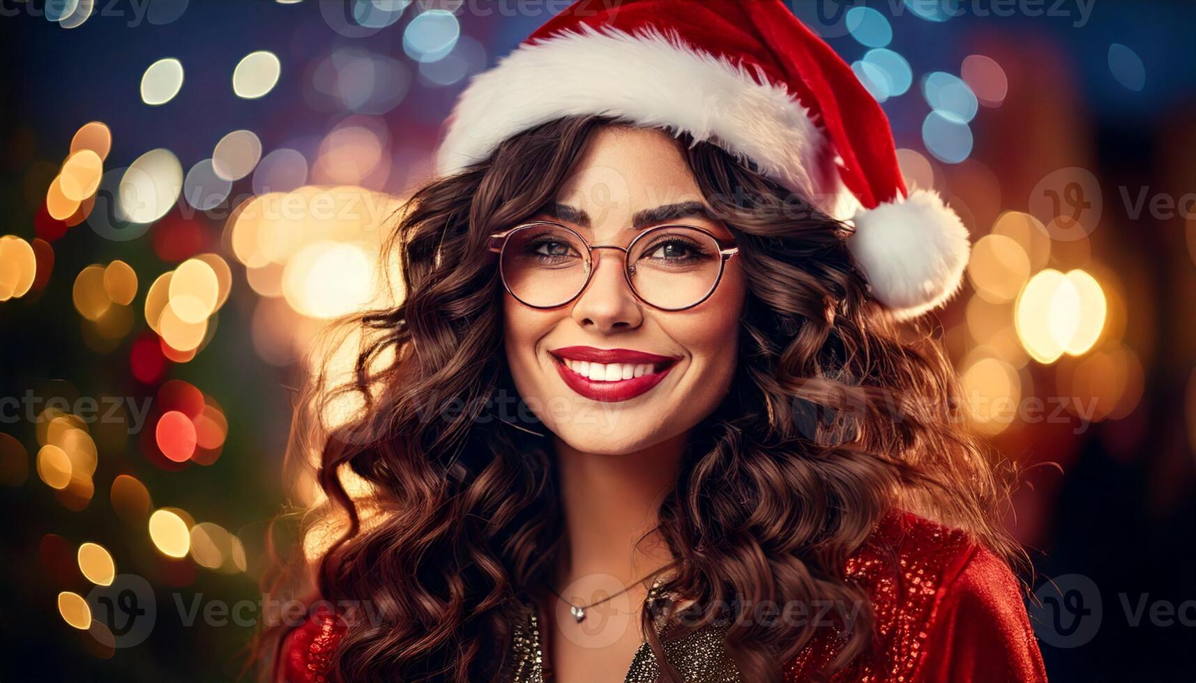 A woman wearing glasses and a santa hat photo