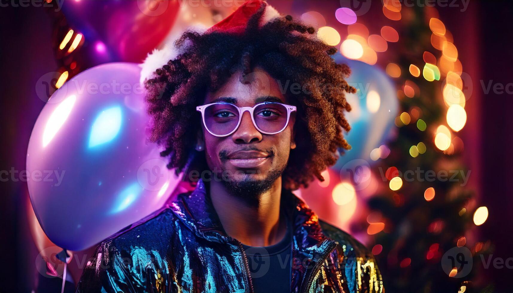 A man with glasses and a afro is standing in front of a christmas tree photo