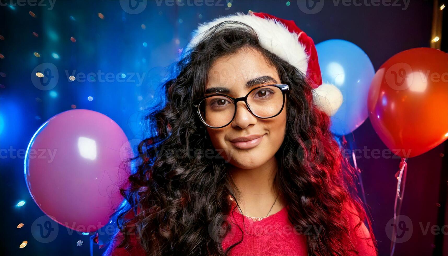 A girl wearing glasses and a santa hat with balloons photo