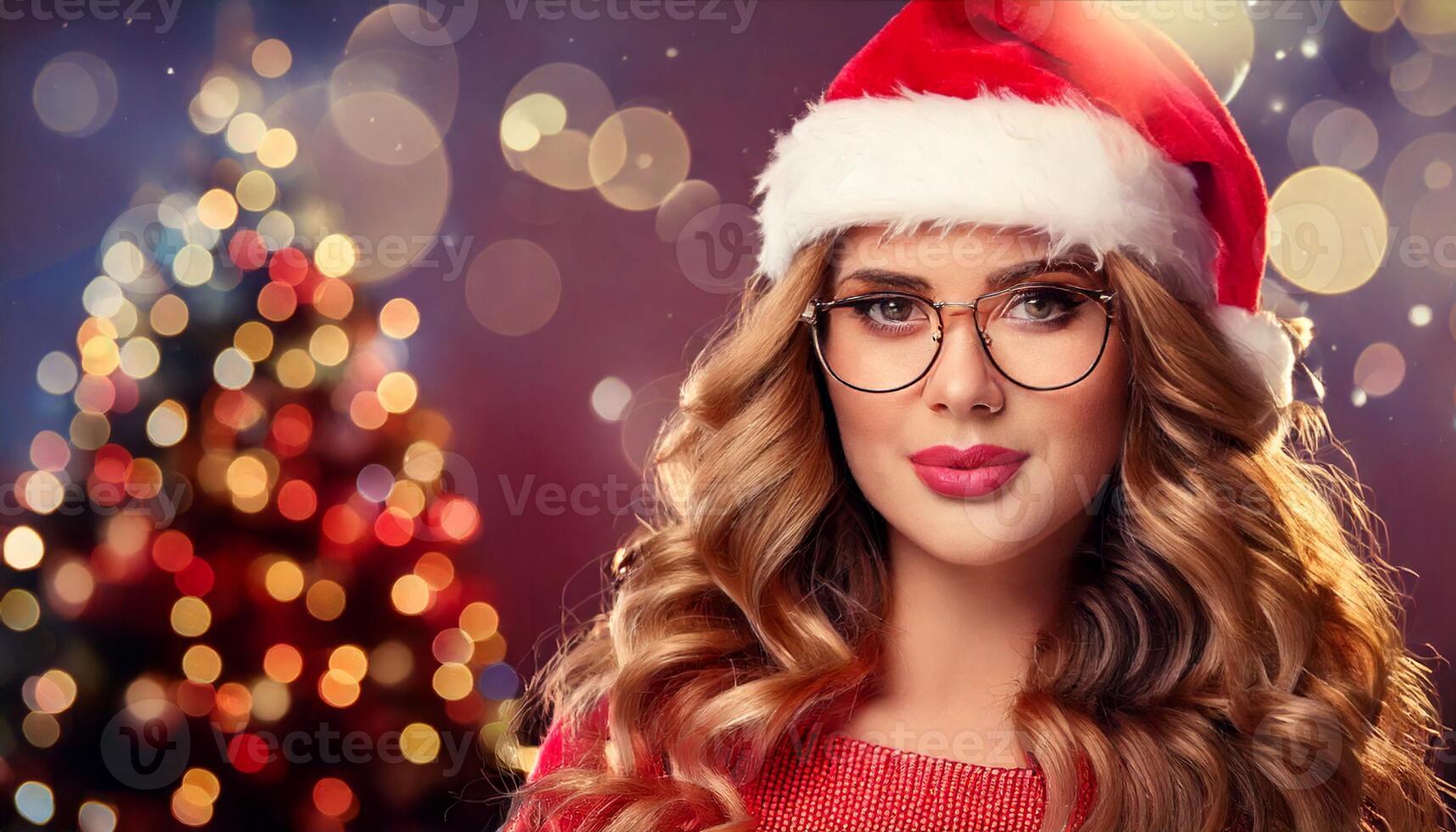 A beautiful woman wearing glasses and a santa hat photo