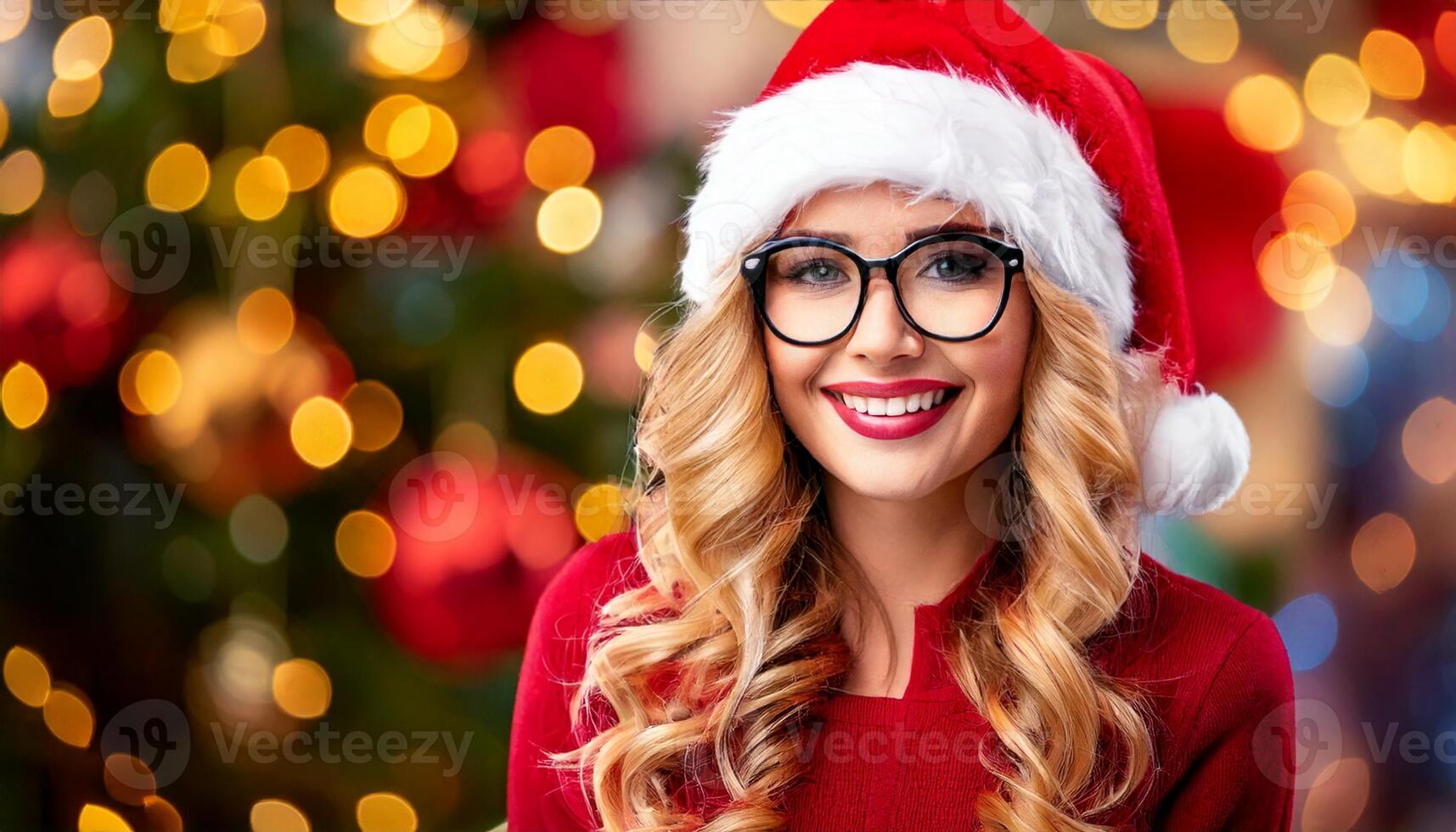 A woman wearing glasses and a santa hat photo