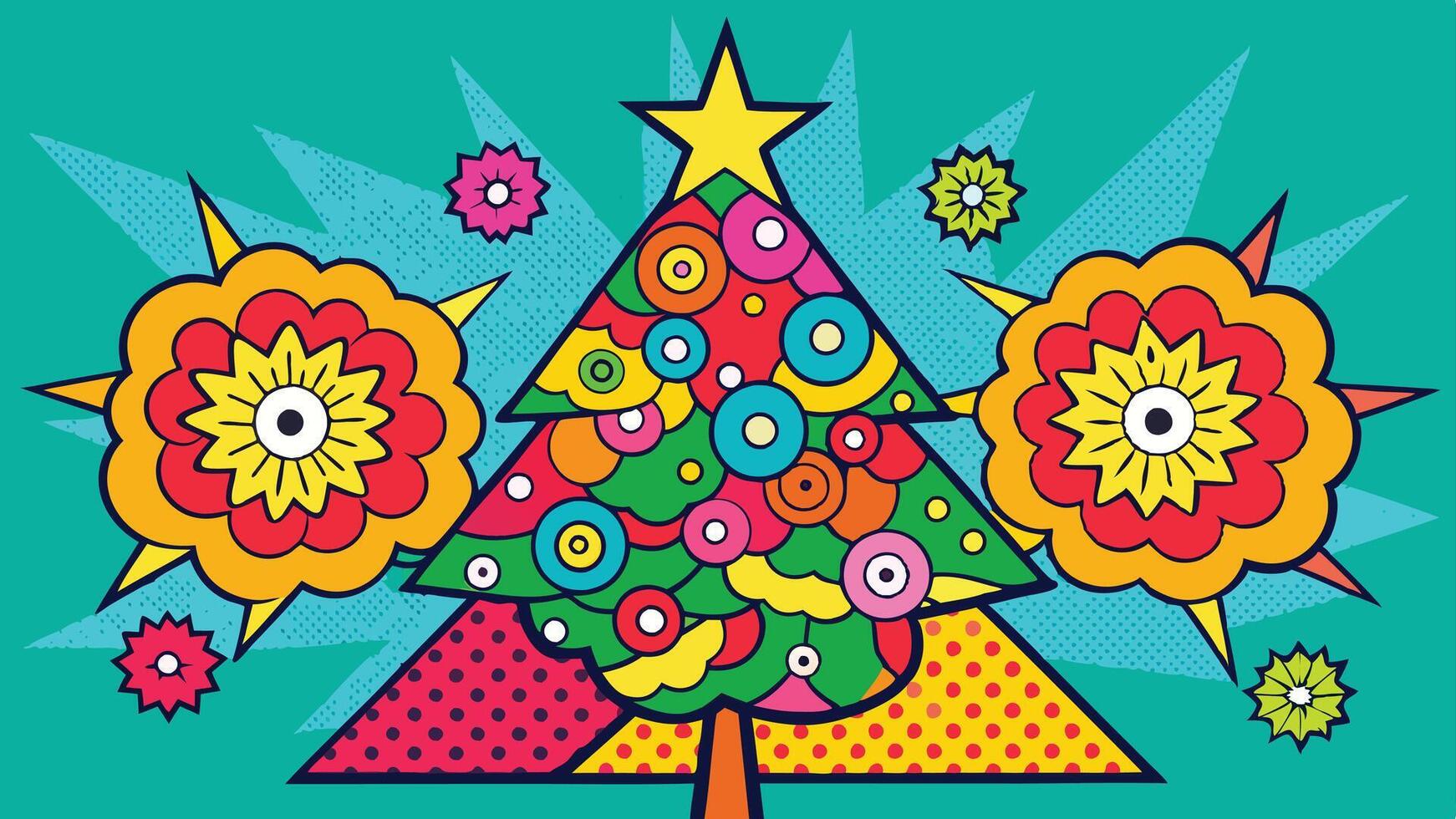 Colorful and vibrant Christmas tree adorned with ornaments and decorations, set against a bright red background with dynamic starburst patterns vector