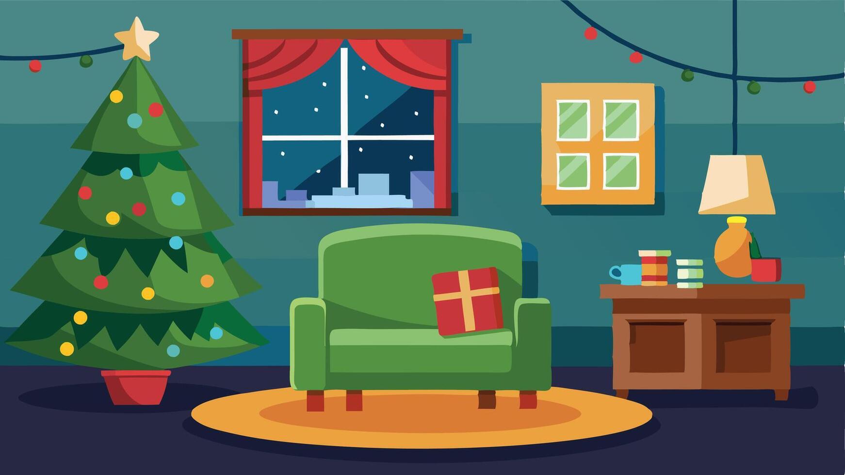 Cozy living room decorated for the holiday season, featuring a Christmas tree, presents, and a window view of a starry night vector