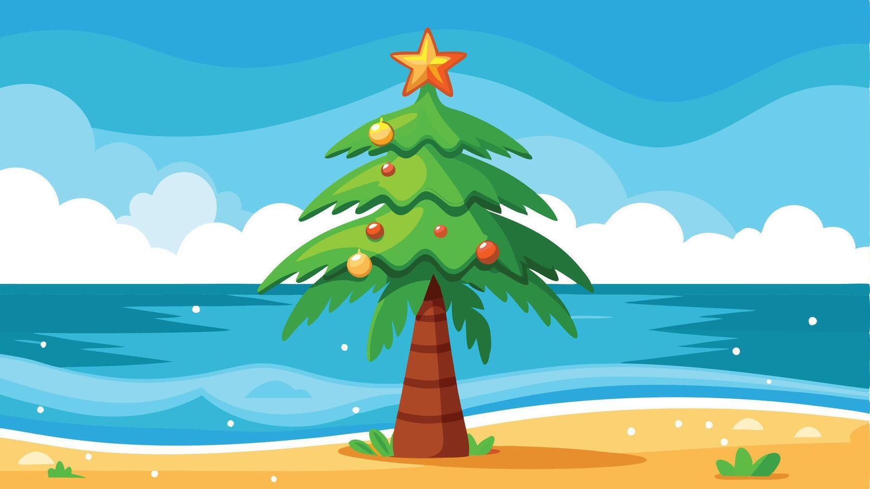 A colorful Christmas tree adorned with ornaments stands on a sandy beach next to calm ocean waves under a bright blue sky during the holiday season vector