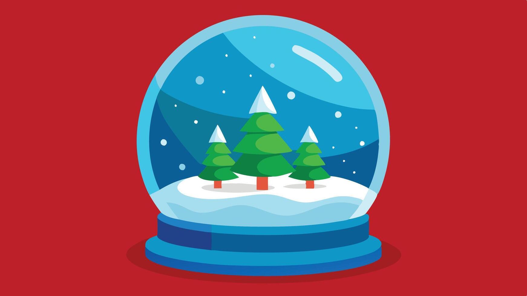A festive snow globe features a serene winter landscape with three snow-covered trees nestled among soft, rolling hills on a bright winter day vector