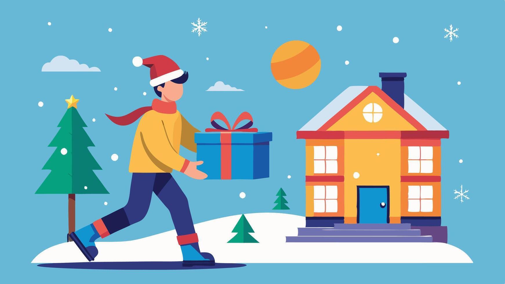 A young person in a Santa hat joyfully runs with a gift towards a decorated house during the festive Christmas season in a playful winter landscape vector