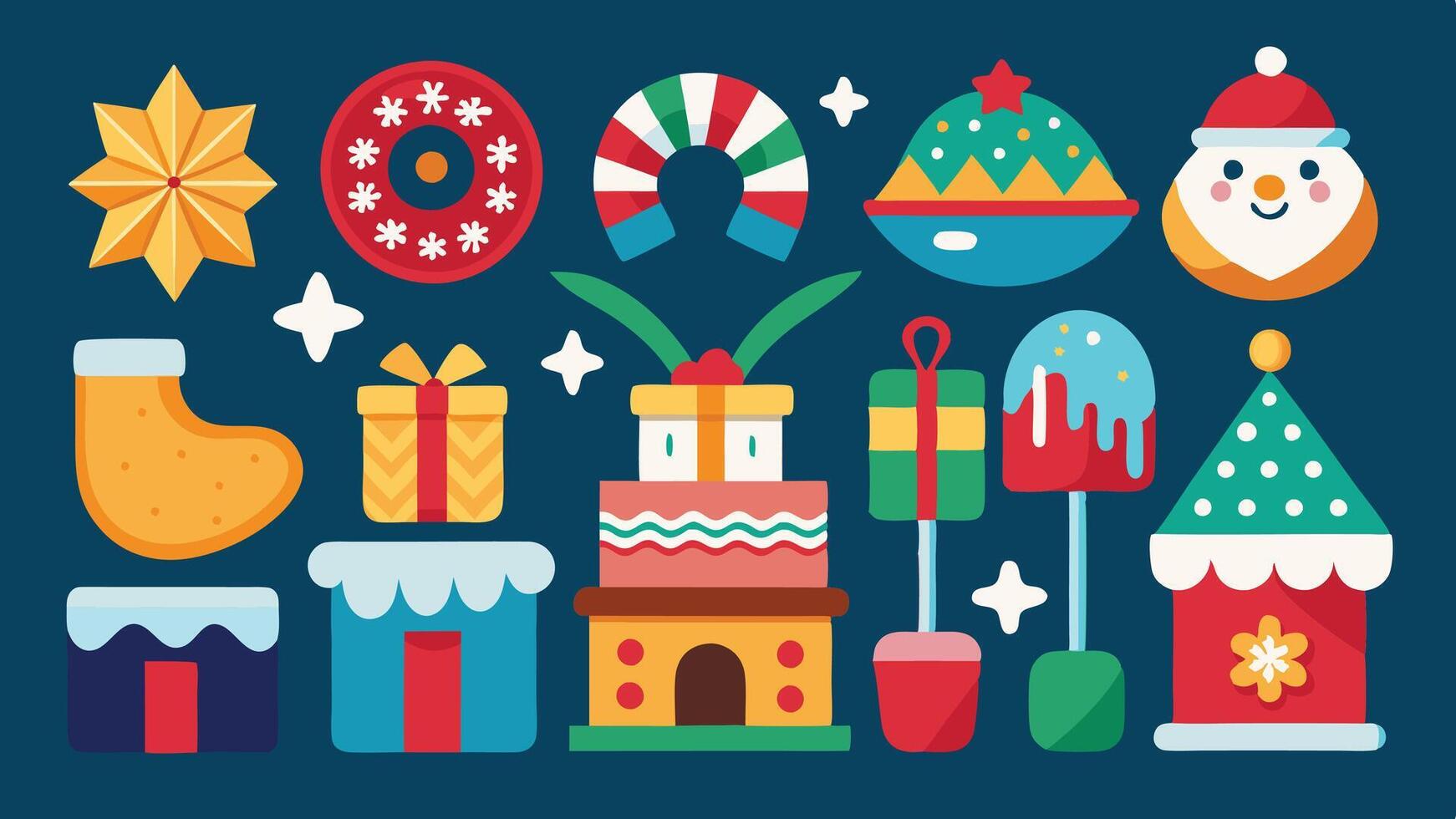 Colorful holiday decorations featuring festive symbols like Christmas trees, candy canes, ornaments, and gifts on a vibrant green background in a cheerful arrangement vector