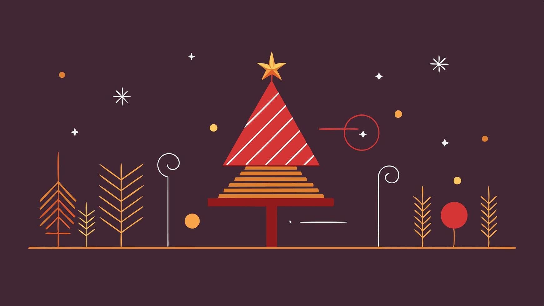 Festive holiday card design featuring trees, decorations, and snowflakes on a bright red background, perfect for seasonal greetings and celebrations vector