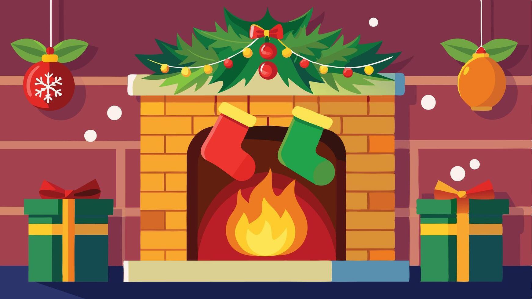 A cozy Christmas fireplace adorned with stockings, colorful lights, and festive decorations creates a warm holiday atmosphere vector