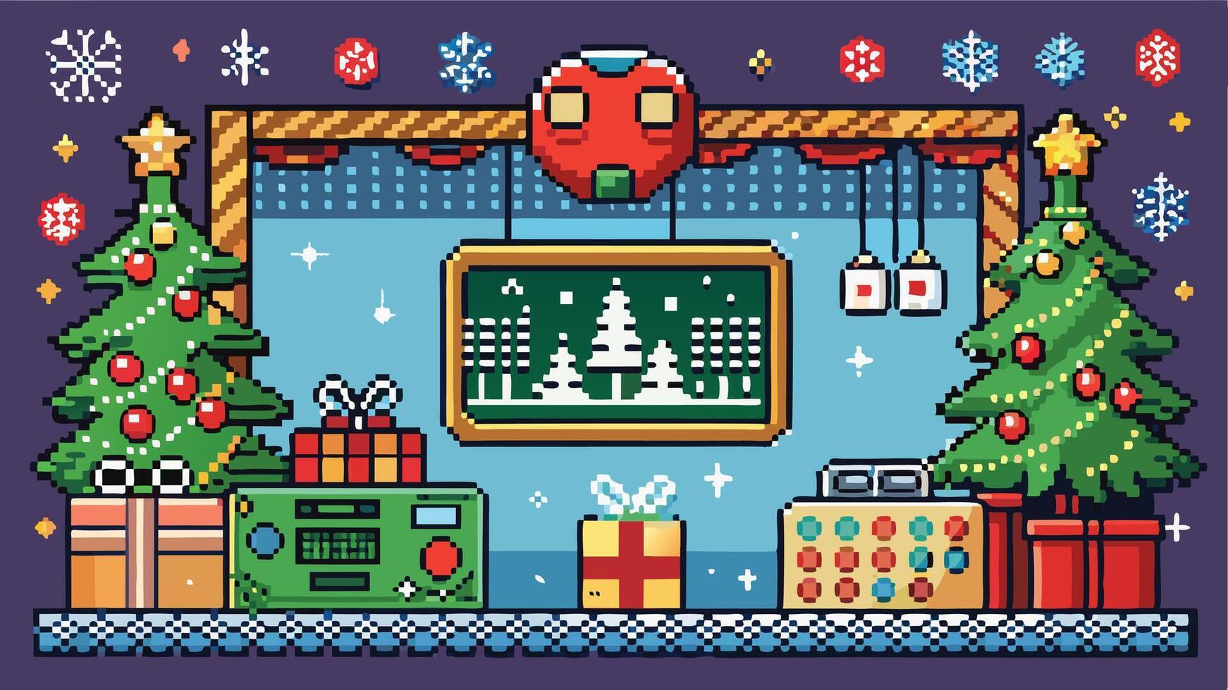 A vibrant pixel art depiction of a cozy Christmas setting featuring a decorated tree, retro television, gifts, and festive elements against a colorful winter night backdrop vector