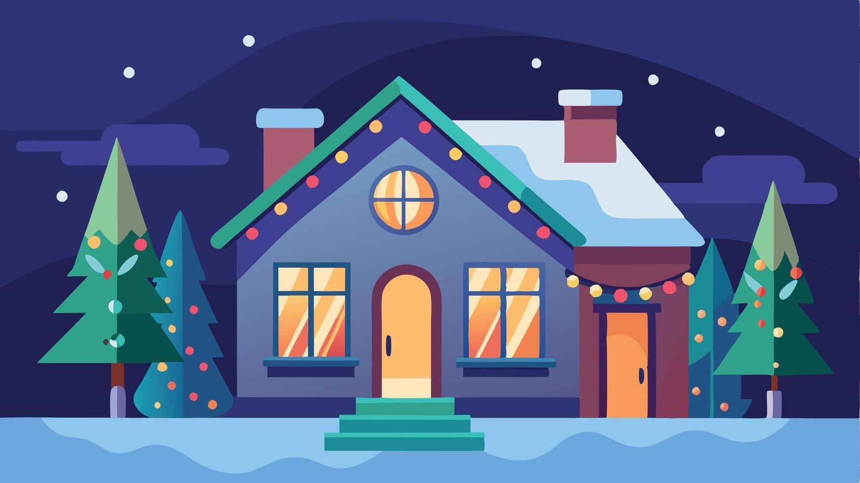 A cozy winter house illuminated at night, surrounded by evergreen trees under a starry sky in a peaceful, snowy landscape vector