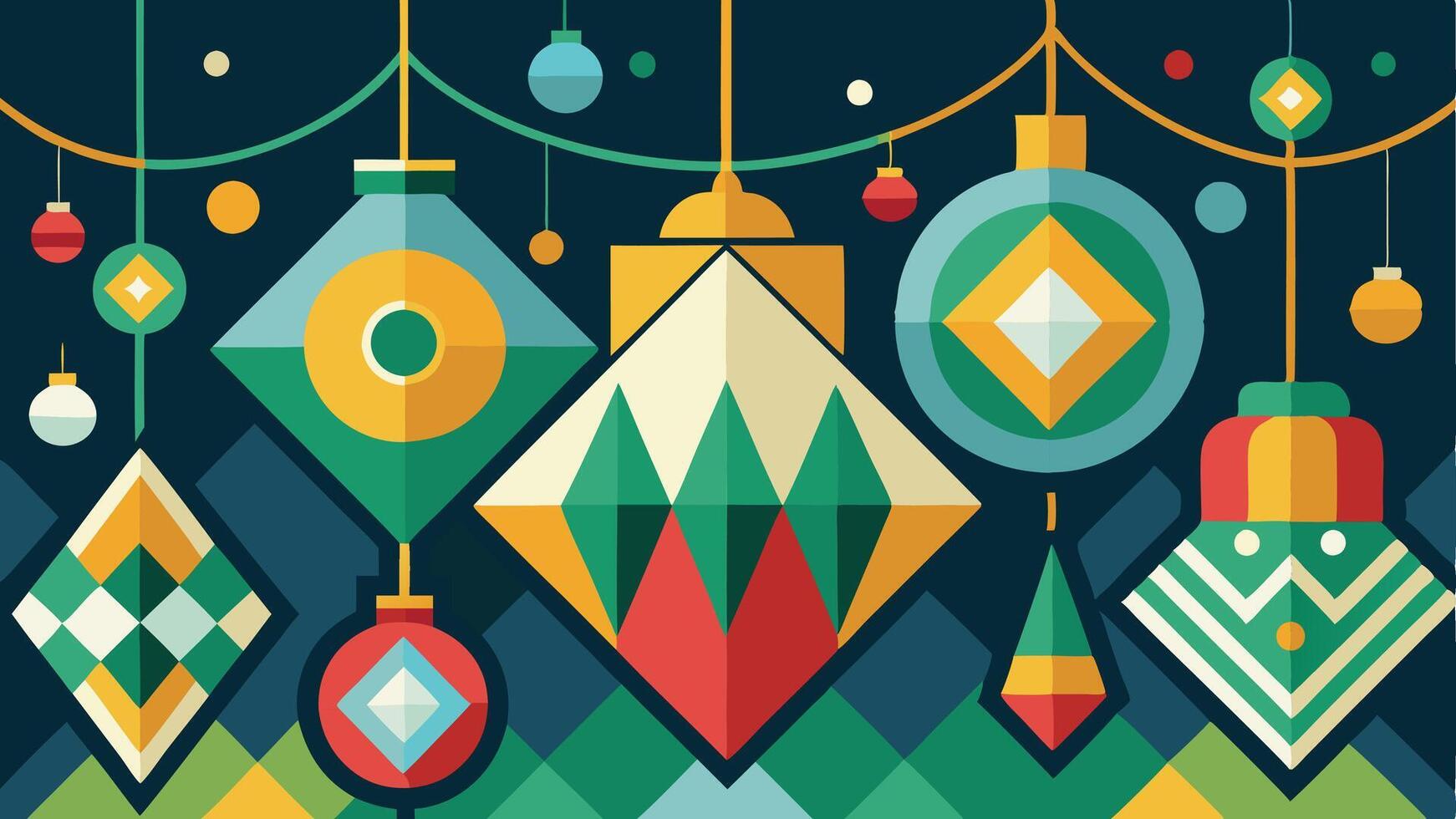 Colorful geometric lanterns hanging against a vibrant night sky filled with festive decorations in a celebratory atmosphere vector