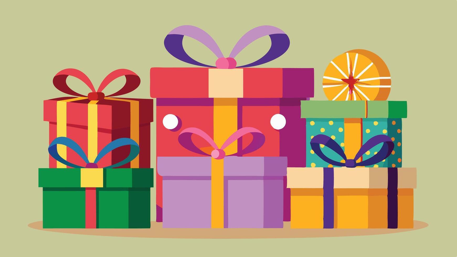 A vibrant assortment of colorful gift boxes stacked together, showcasing various patterns and ribbon colors, perfect for festive celebrations or special occasions vector