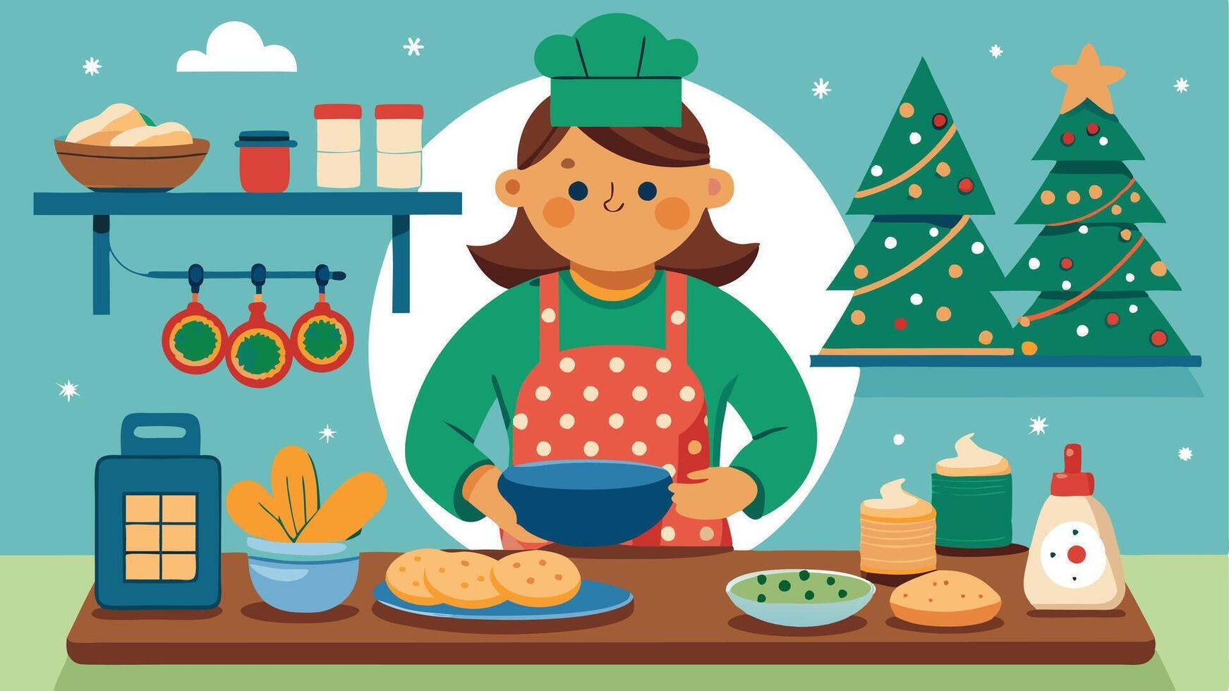 A cheerful child in a red Santa hat baking cookies in a cozy kitchen decorated for the holidays, surrounded by festive treats and bright, colorful utensils vector